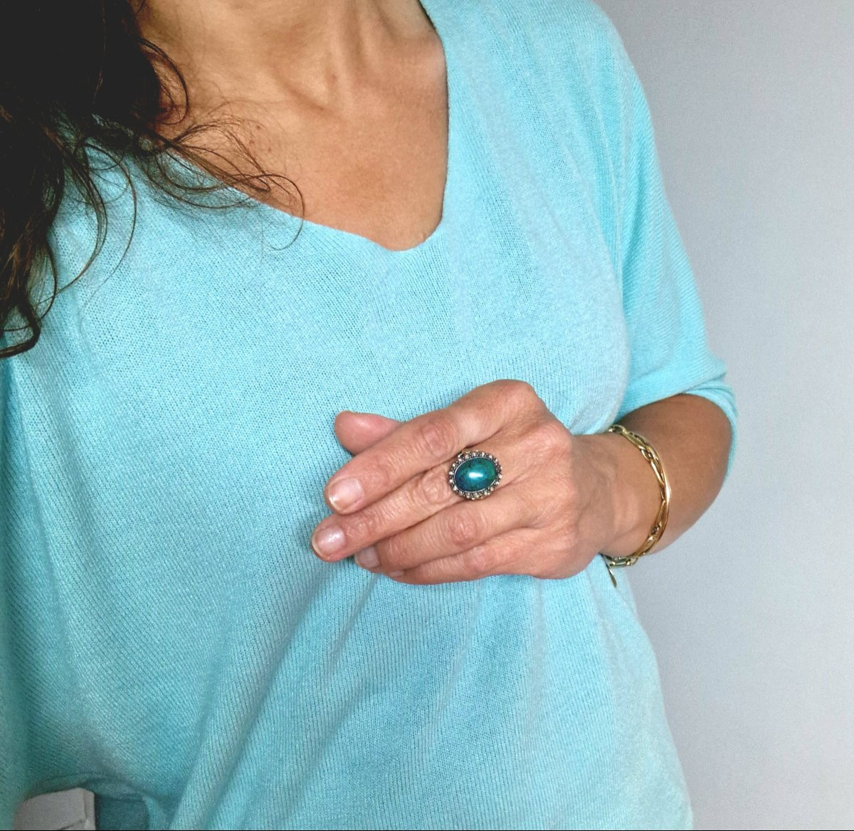 Turquoise Cabochon Ring Surrounded By Diamonds In Yellow Gold And Silver Belle Epoque-photo-8