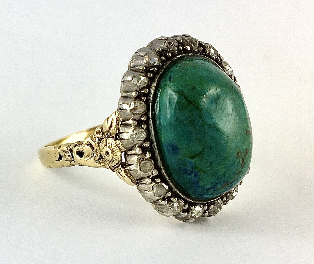 Turquoise Cabochon Ring Surrounded By Diamonds In Yellow Gold And Silver Belle Epoque