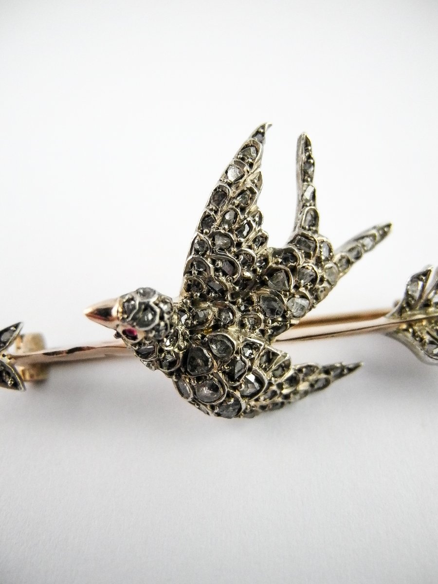 Victorian Rose Cut Diamond Swallow Arrow Brooch In Silver And Yellow Gold-photo-2
