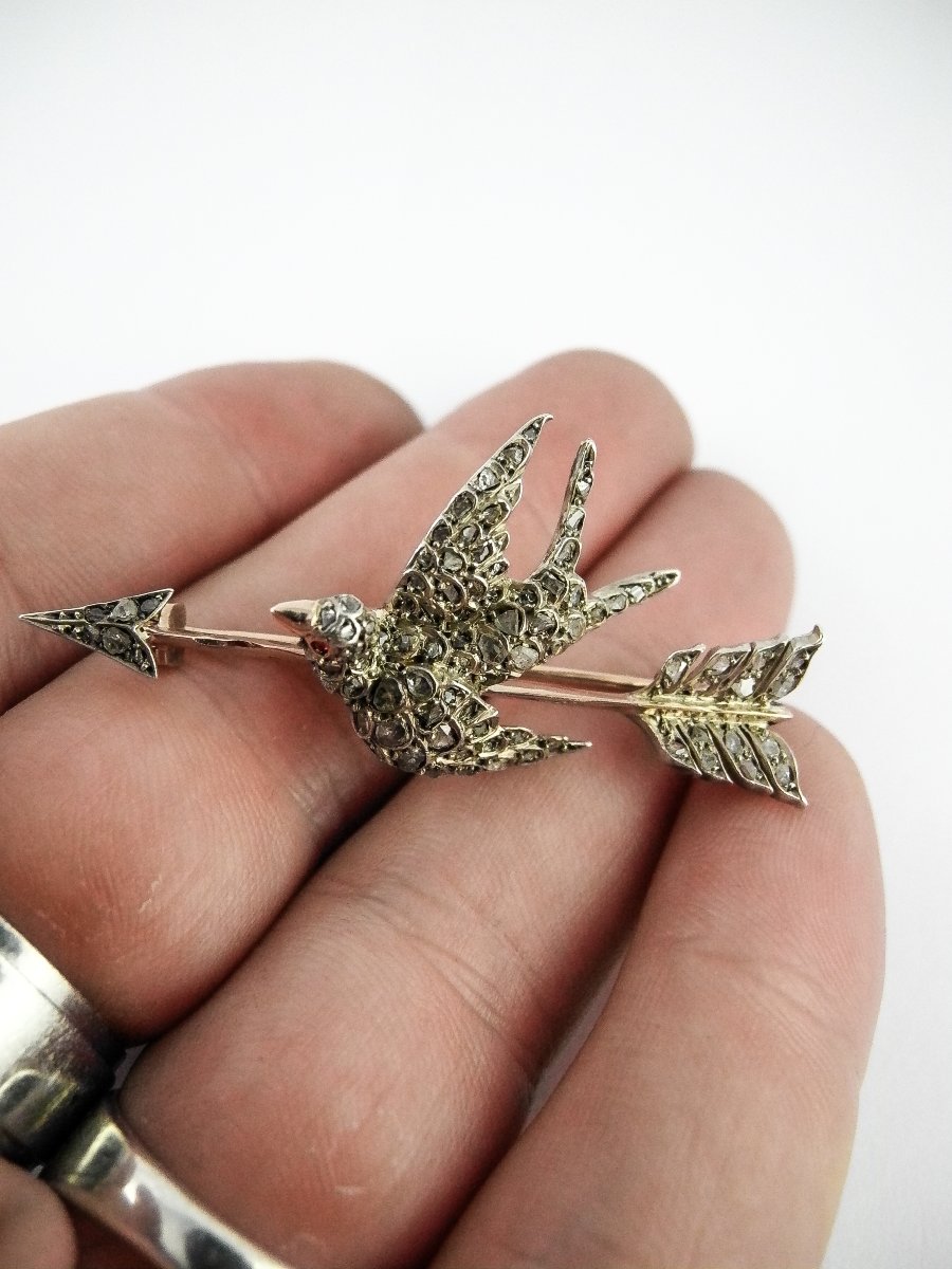 Victorian Rose Cut Diamond Swallow Arrow Brooch In Silver And Yellow Gold-photo-4