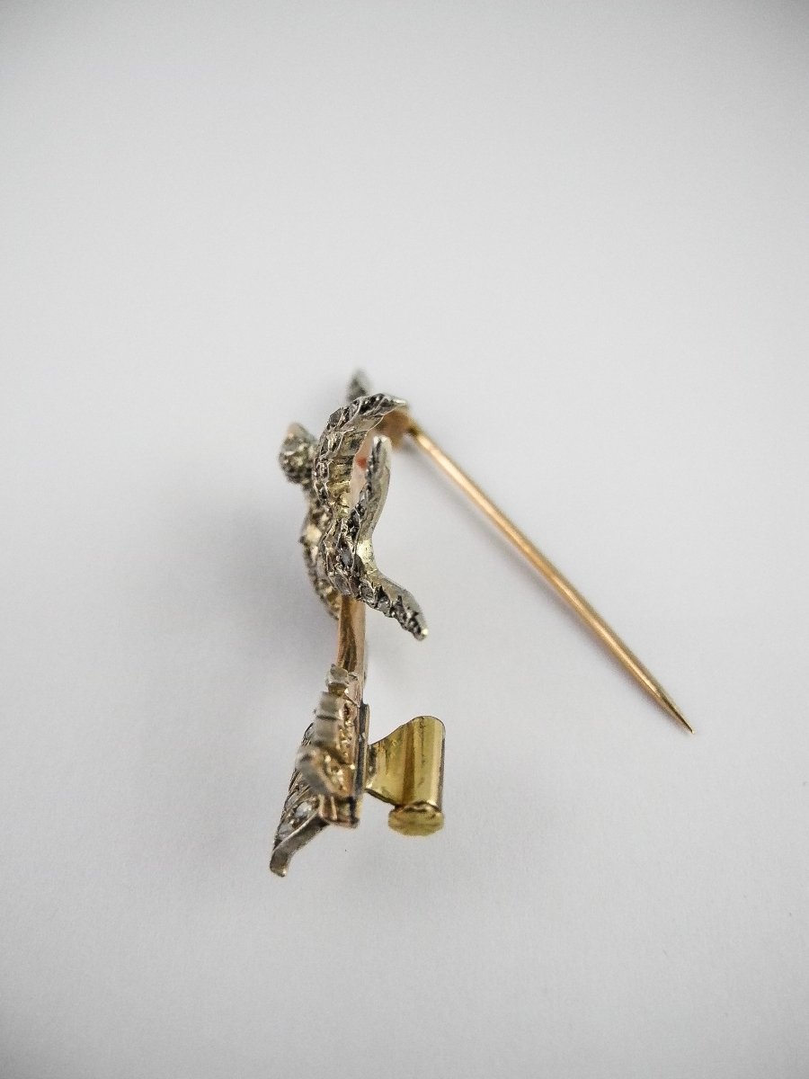 Victorian Rose Cut Diamond Swallow Arrow Brooch In Silver And Yellow Gold-photo-3