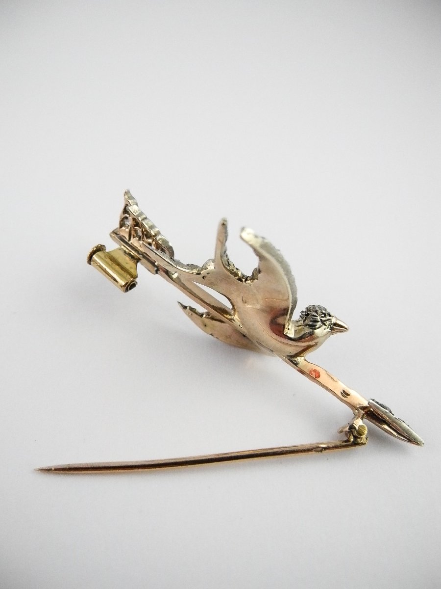 Victorian Rose Cut Diamond Swallow Arrow Brooch In Silver And Yellow Gold-photo-6