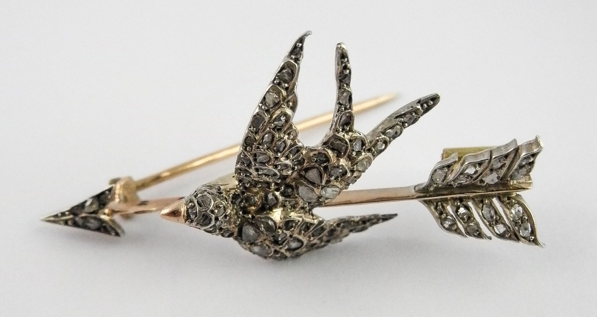 Victorian Rose Cut Diamond Swallow Arrow Brooch In Silver And Yellow Gold
