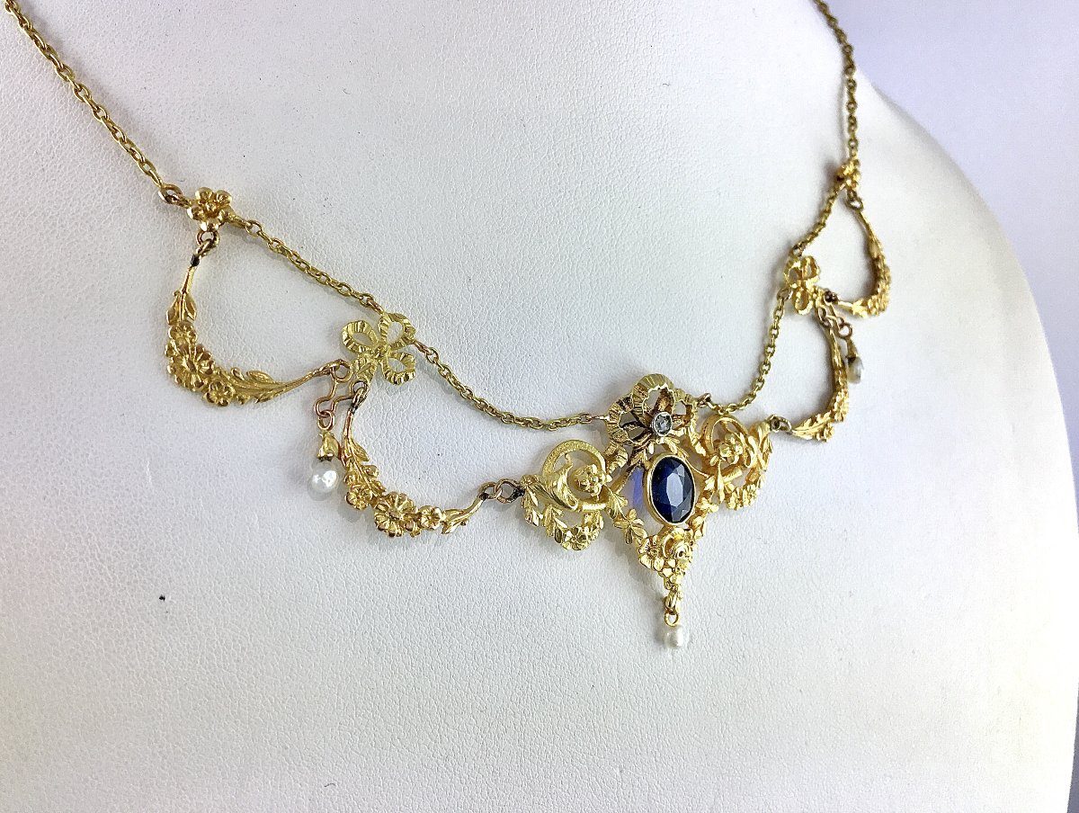 Belle Epoque Drapery Garland Necklace With Synthetic Sapphire, Diamond & Fine Pearls On Yellow Gold-photo-2