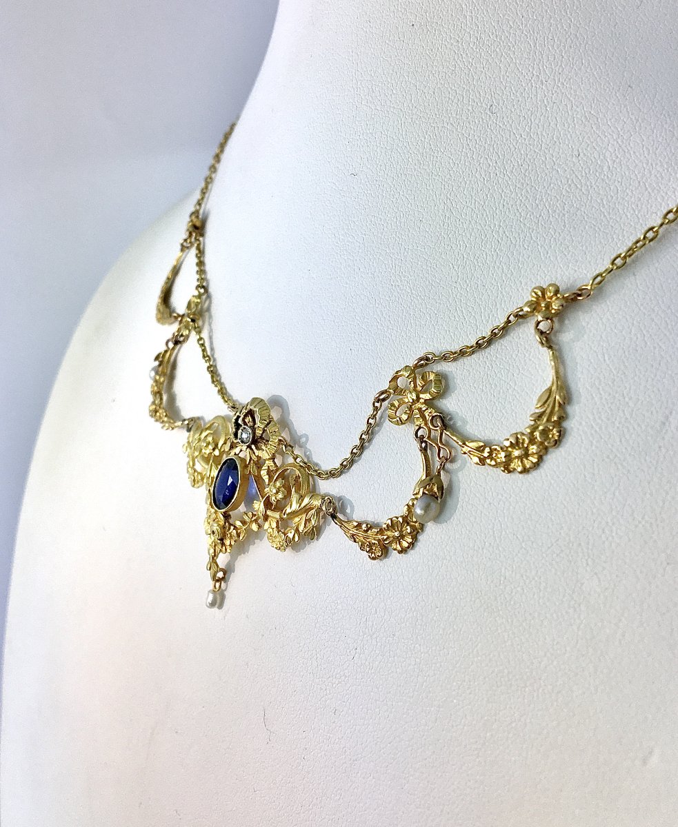 Belle Epoque Drapery Garland Necklace With Synthetic Sapphire, Diamond & Fine Pearls On Yellow Gold-photo-4