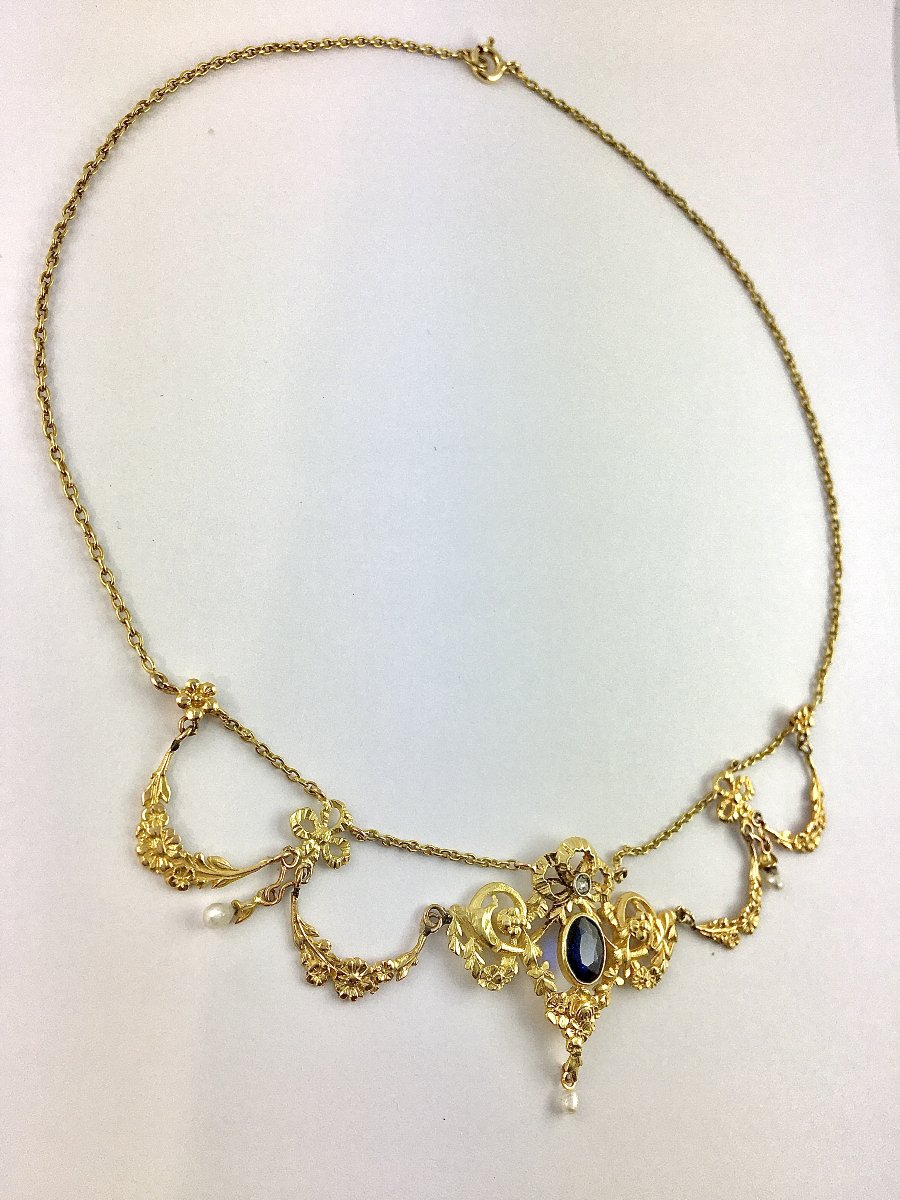 Belle Epoque Drapery Garland Necklace With Synthetic Sapphire, Diamond & Fine Pearls On Yellow Gold-photo-2