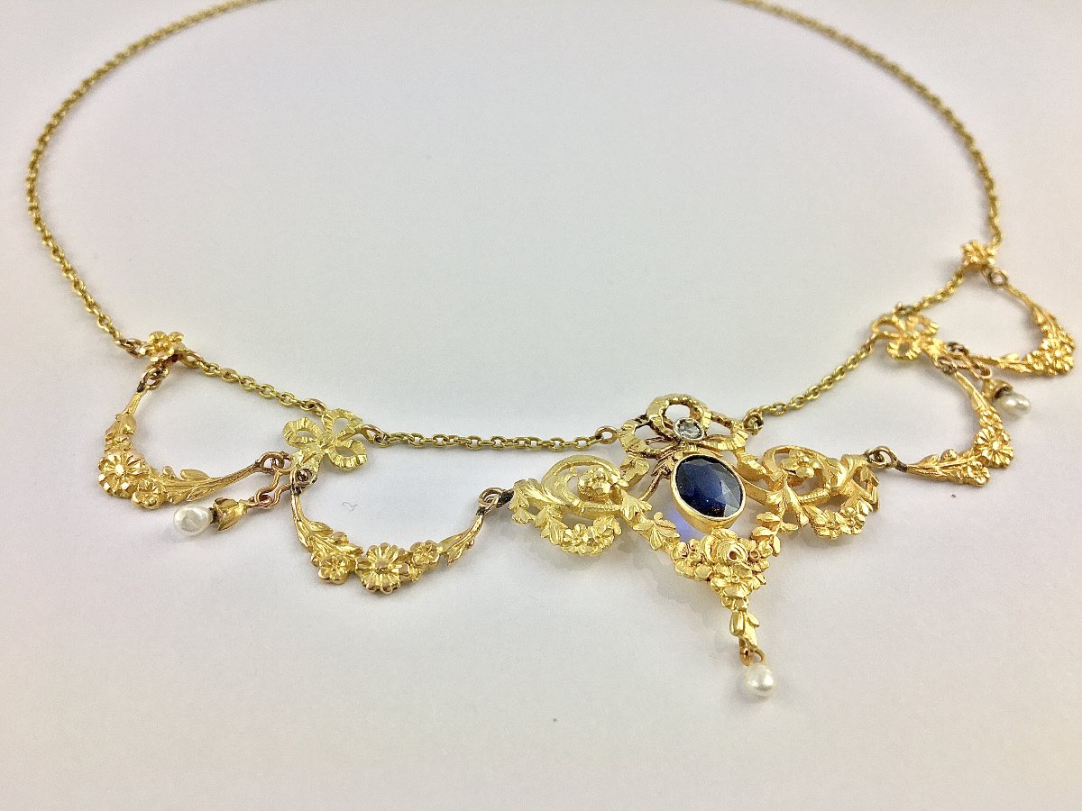 Belle Epoque Drapery Garland Necklace With Synthetic Sapphire, Diamond & Fine Pearls On Yellow Gold-photo-4