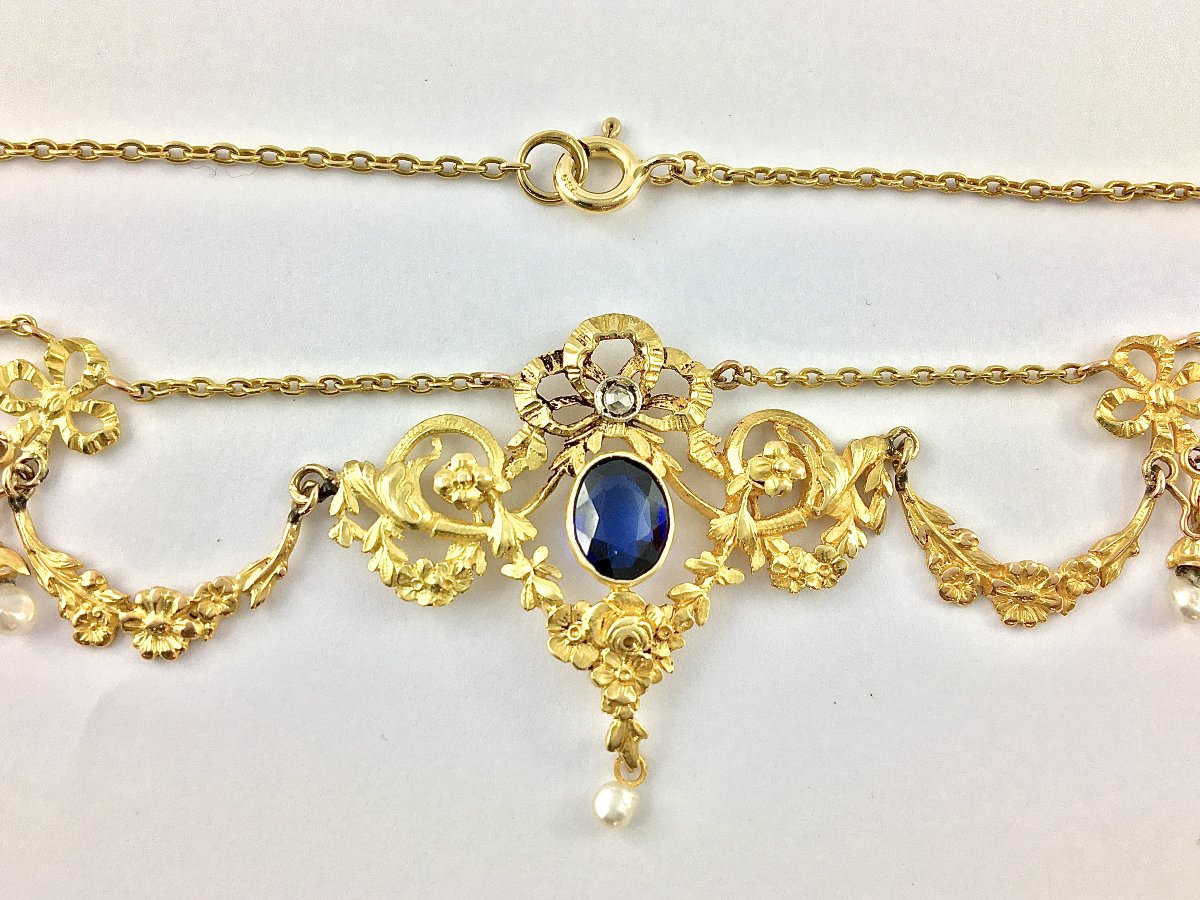 Belle Epoque Drapery Garland Necklace With Synthetic Sapphire, Diamond & Fine Pearls On Yellow Gold-photo-6