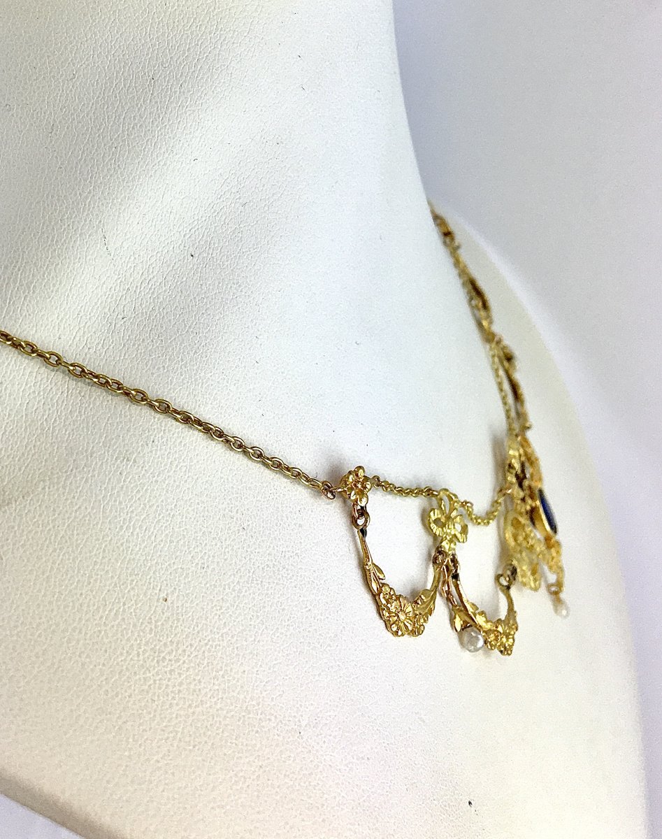 Belle Epoque Drapery Garland Necklace With Synthetic Sapphire, Diamond & Fine Pearls On Yellow Gold-photo-7
