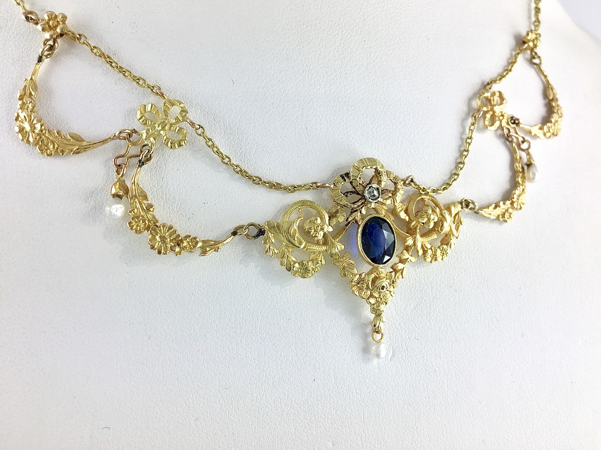 Belle Epoque Drapery Garland Necklace With Synthetic Sapphire, Diamond & Fine Pearls On Yellow Gold
