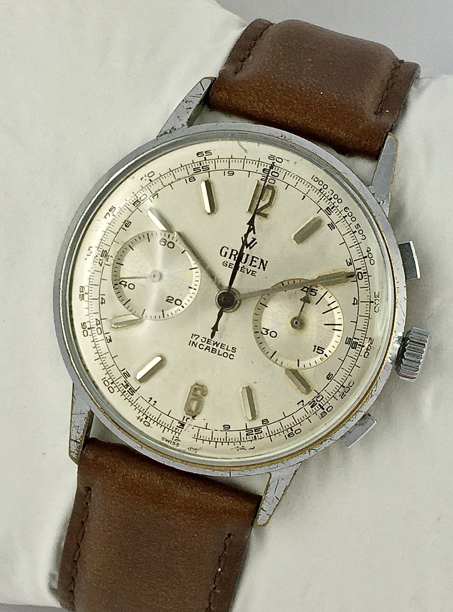 Montre Gruen Chrono Calibre Landeron Mécanique 1950 Acier Sur Cuir-photo-2