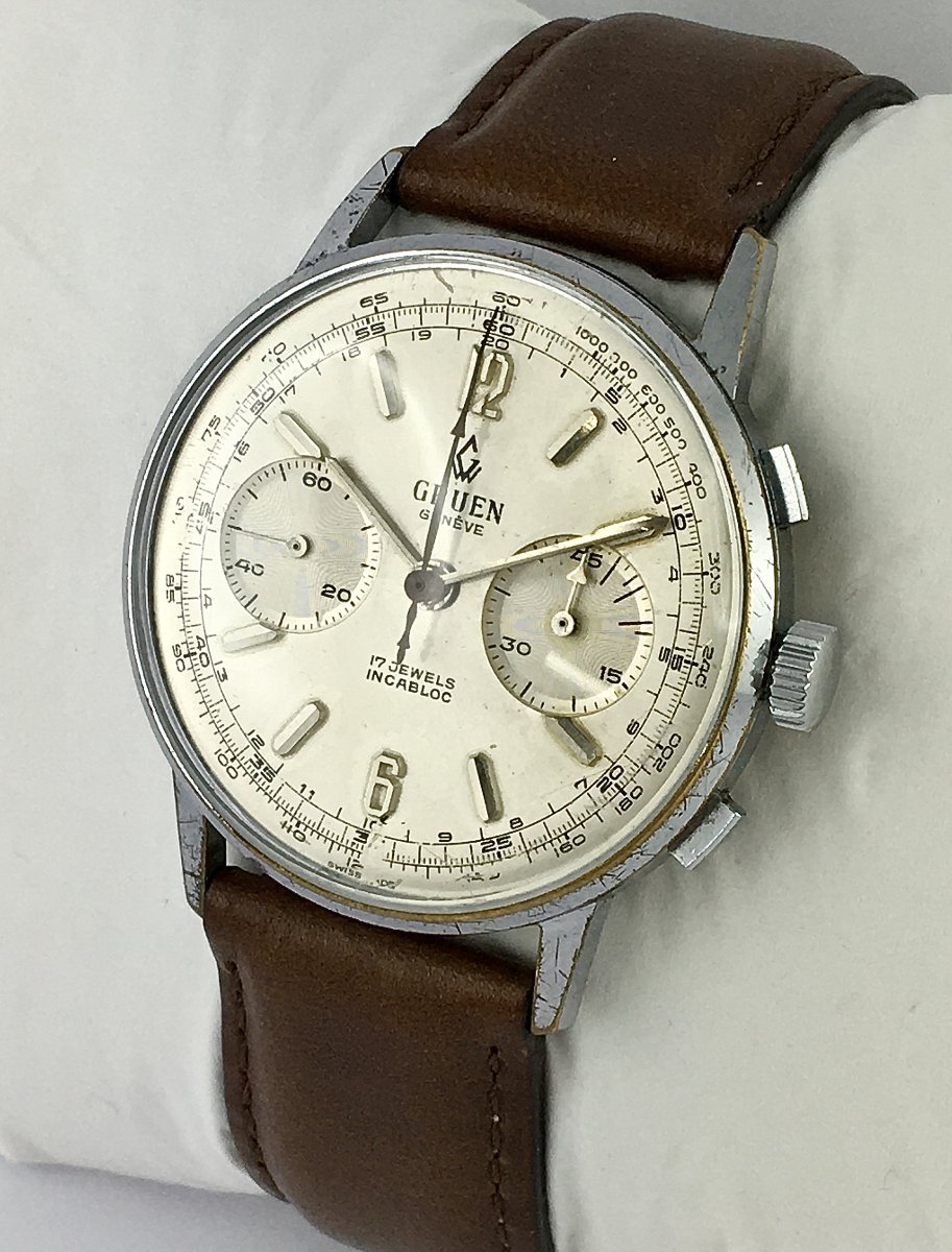 Montre Gruen Chrono Calibre Landeron Mécanique 1950 Acier Sur Cuir-photo-3
