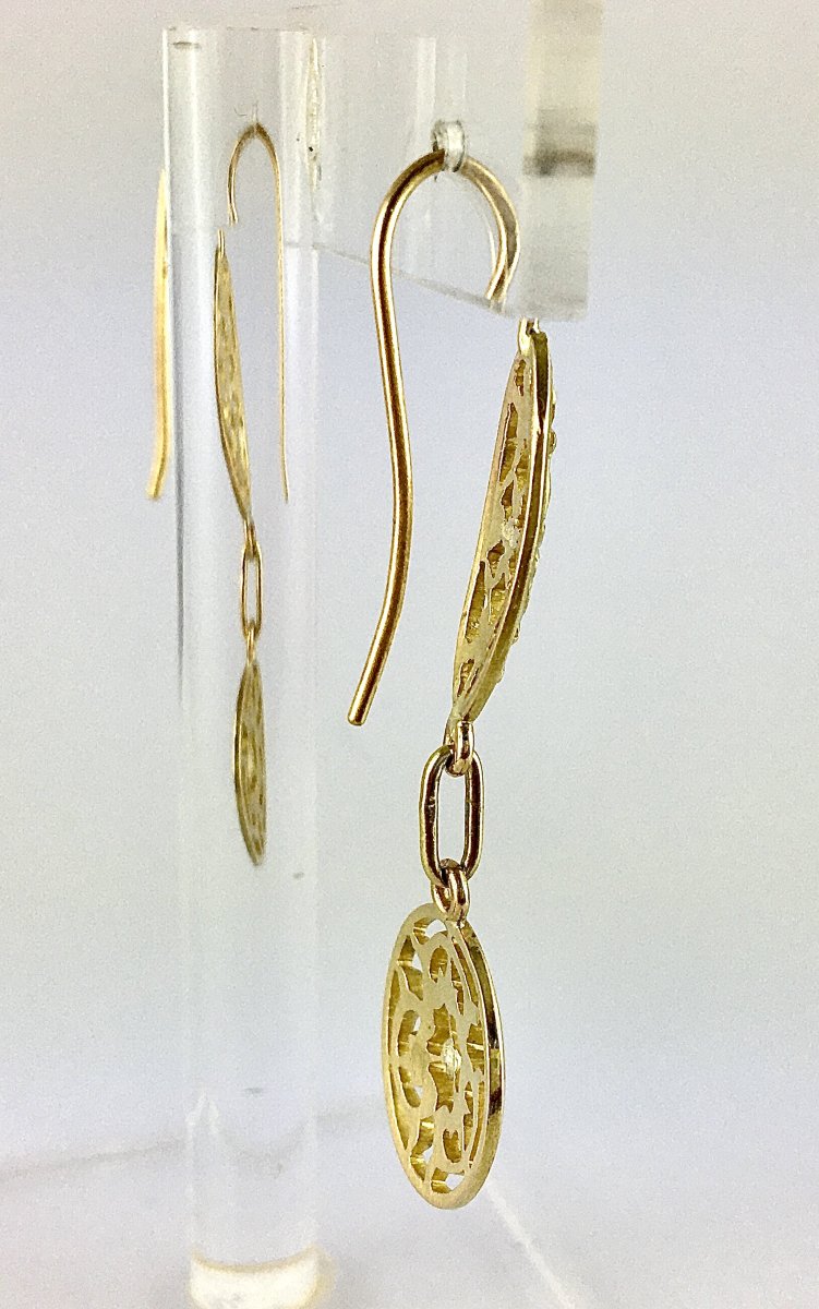 Neo-gothic Style Drop Earrings In Yellow Gold With Floral Motifs-photo-4