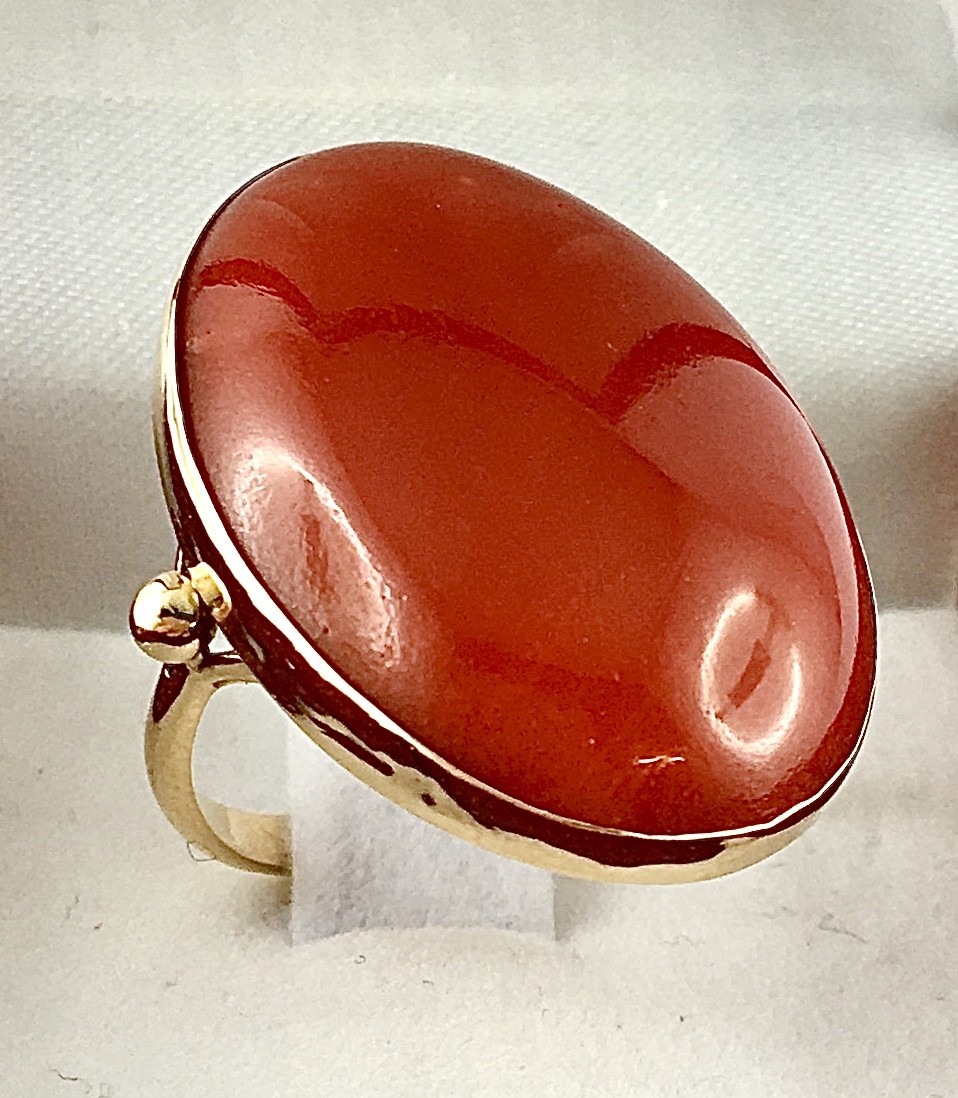 Antique Red Coral Cabochon Ring On Yellow Gold