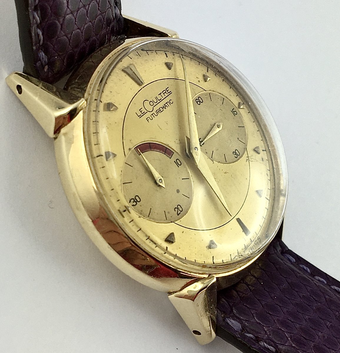 Lecoultre Futurmatic Automatic Watch With Power Reserve, 1950s Style, 14kt Gold / Leather-photo-6