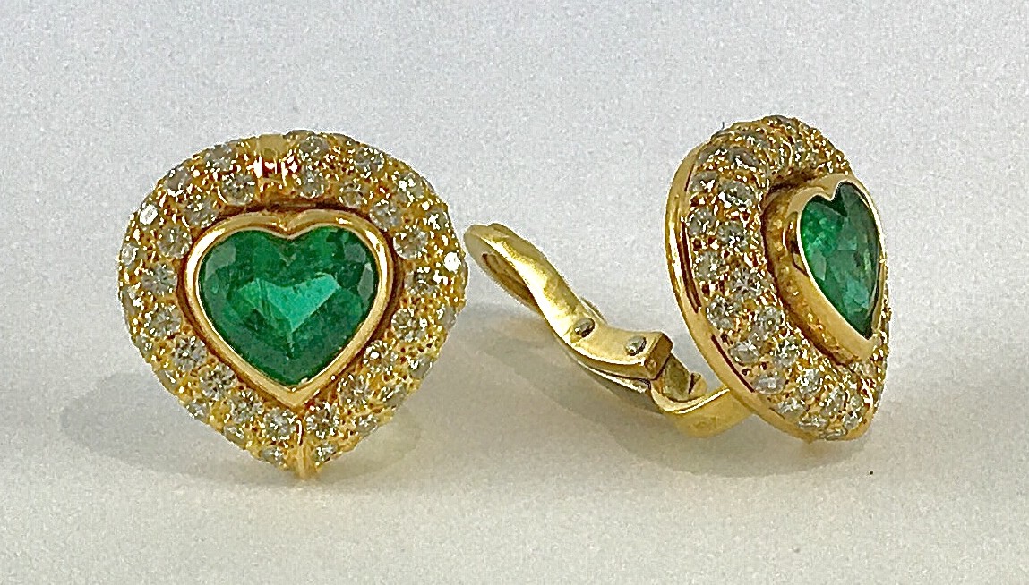 Emerald Heart Clip Earrings With Diamond Pave On Yellow Gold