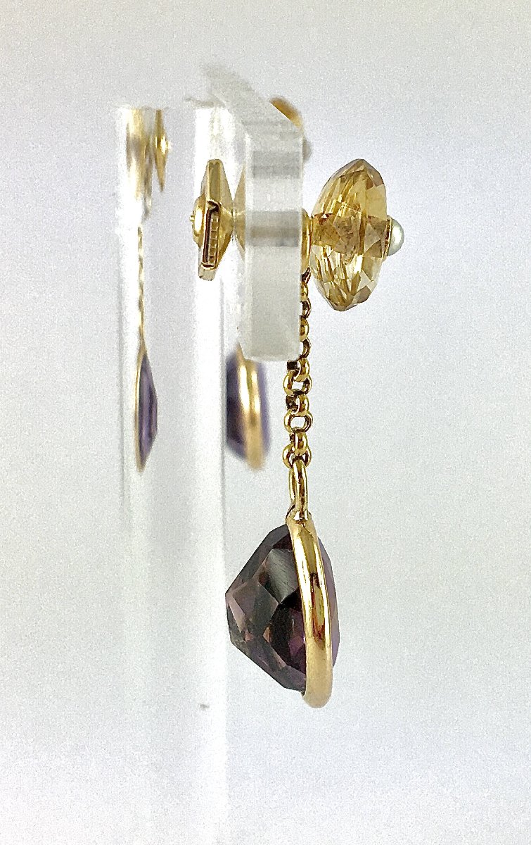 Napoleon III Style Stud Earrings With Citrine, Fine Pearls & Removable Amethysts-photo-3