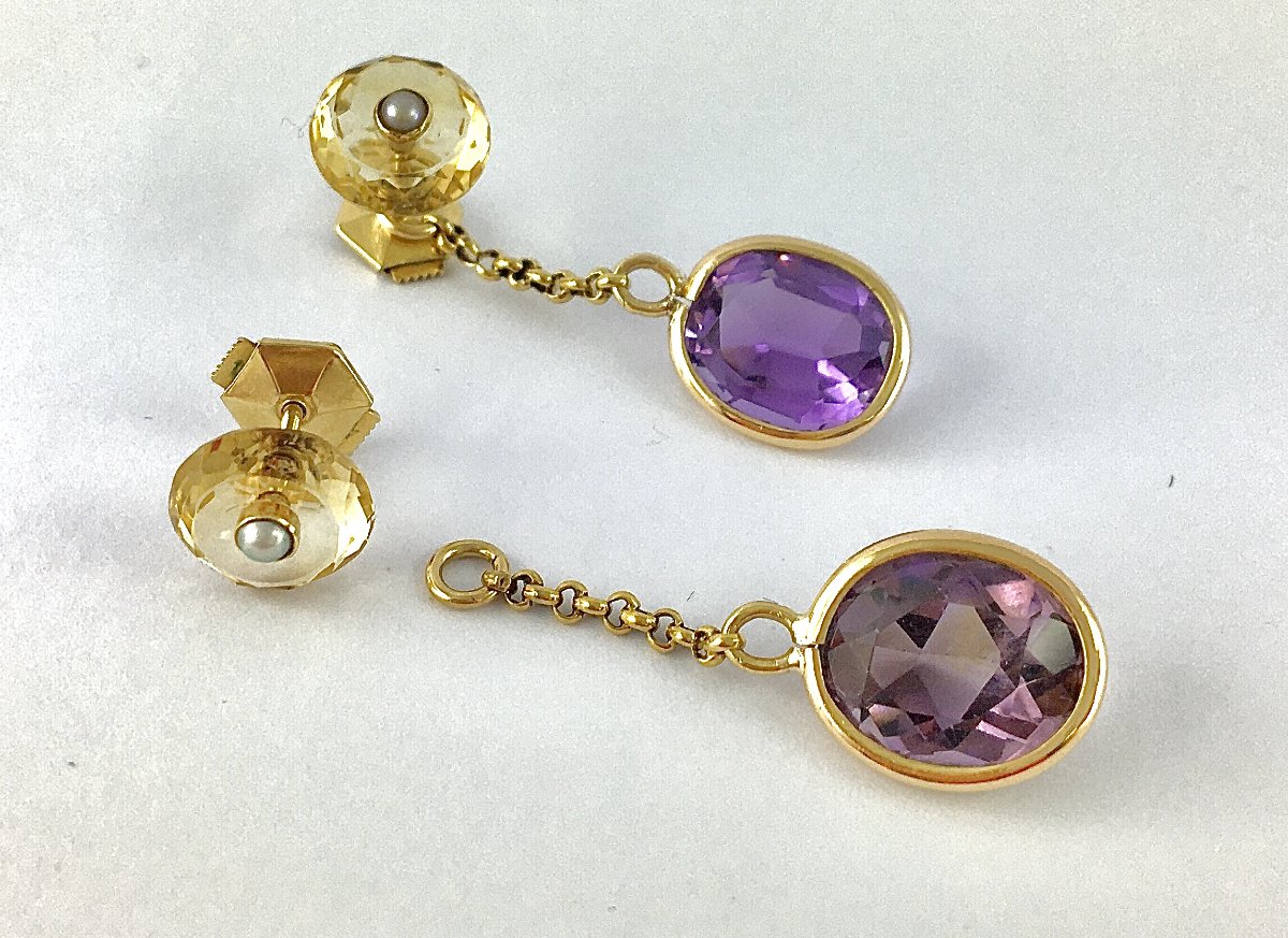Napoleon III Style Stud Earrings With Citrine, Fine Pearls & Removable Amethysts-photo-5