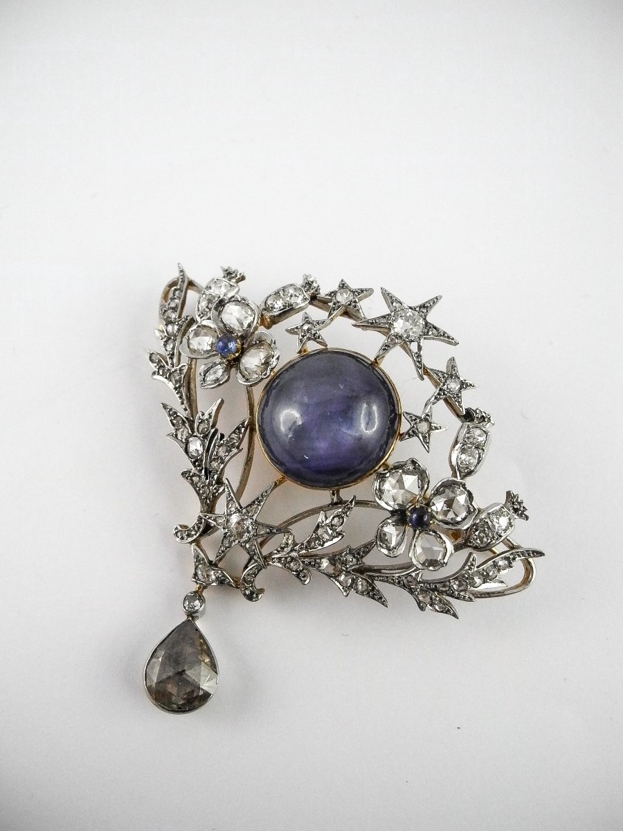 Broche Or / Platine – Saphir de Ceylan Non Chauffé & Étoilé – Diamants -photo-2