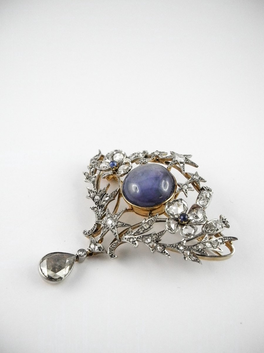 Broche Or / Platine – Saphir de Ceylan Non Chauffé & Étoilé – Diamants -photo-3