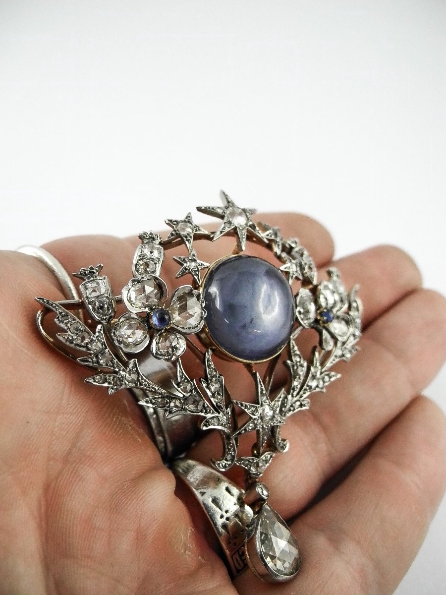 Broche Or / Platine – Saphir de Ceylan Non Chauffé & Étoilé – Diamants -photo-2
