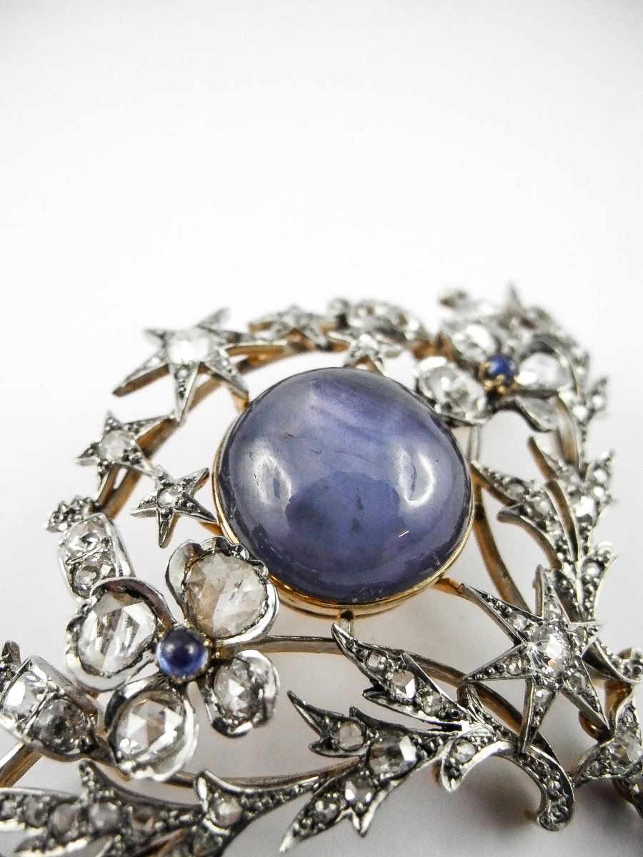 Broche Or / Platine – Saphir de Ceylan Non Chauffé & Étoilé – Diamants -photo-3