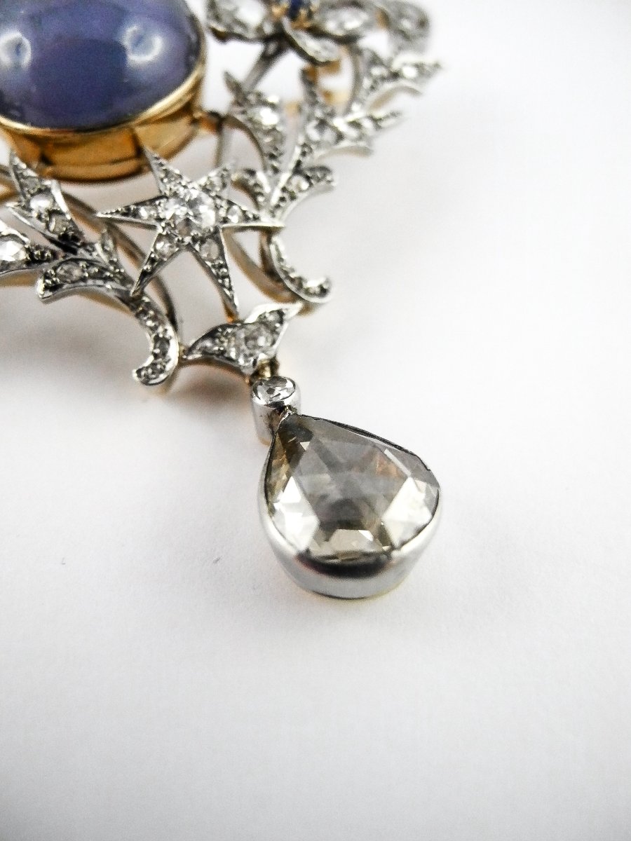 Broche Or / Platine – Saphir de Ceylan Non Chauffé & Étoilé – Diamants -photo-4