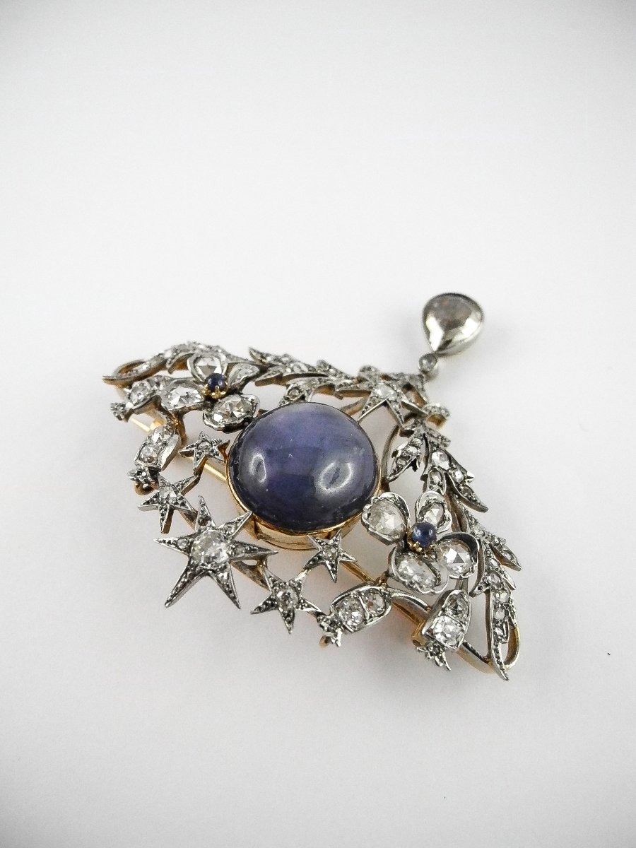 Broche Or / Platine – Saphir de Ceylan Non Chauffé & Étoilé – Diamants -photo-6
