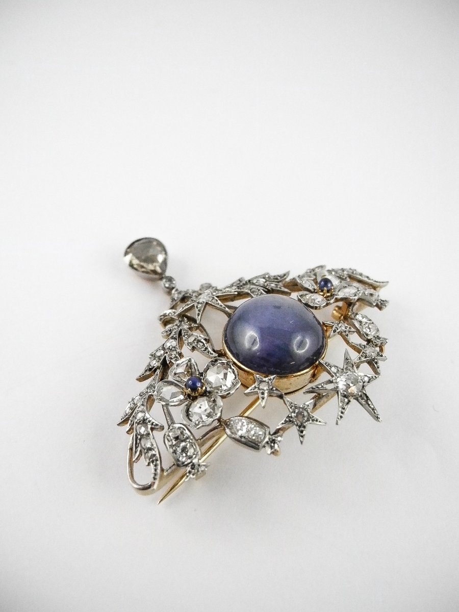 Broche Or / Platine – Saphir de Ceylan Non Chauffé & Étoilé – Diamants -photo-7