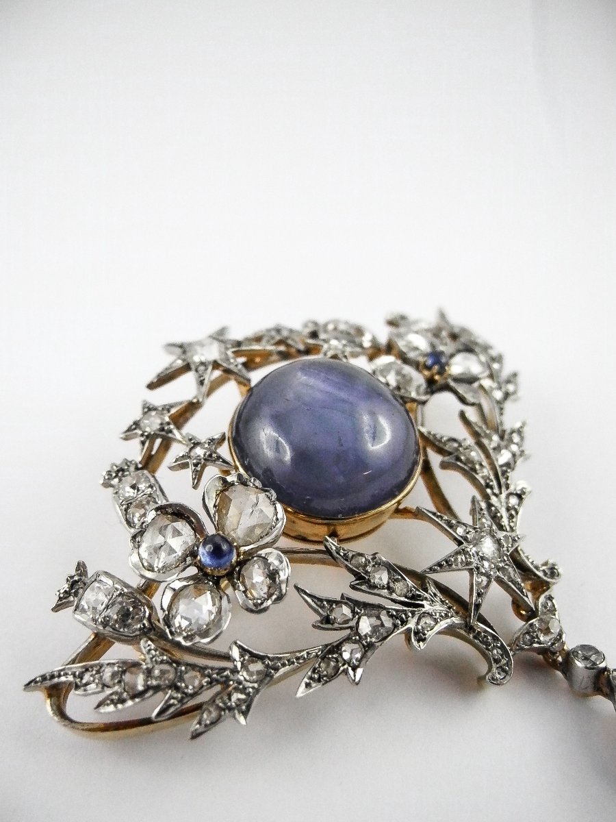 Broche Or / Platine – Saphir de Ceylan Non Chauffé & Étoilé – Diamants -photo-8