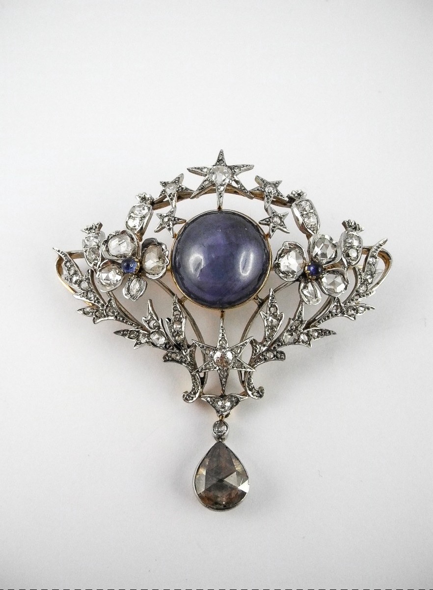 Broche Or / Platine – Saphir de Ceylan Non Chauffé & Étoilé – Diamants 