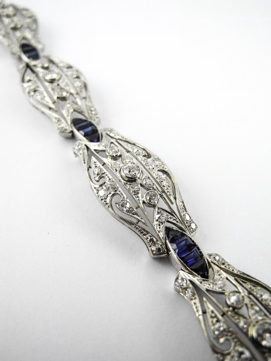 Bracelet art déco Articulé en Or Blanc 18K, Diamants & Saphirs-photo-2