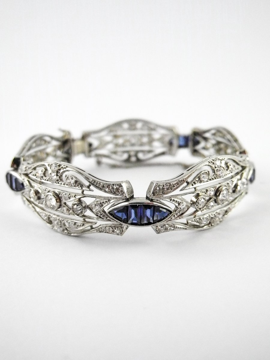 Bracelet art déco Articulé en Or Blanc 18K, Diamants & Saphirs-photo-3