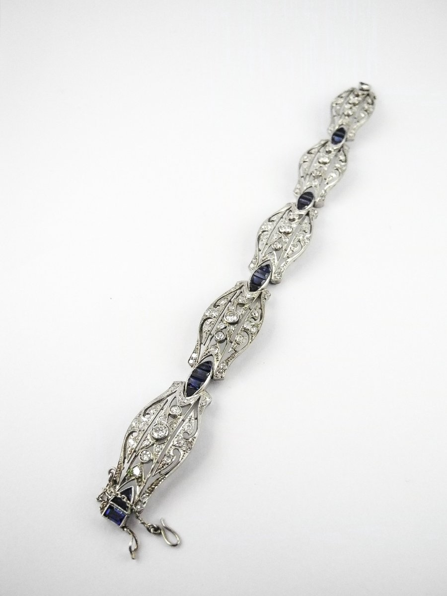 Bracelet art déco Articulé en Or Blanc 18K, Diamants & Saphirs-photo-2