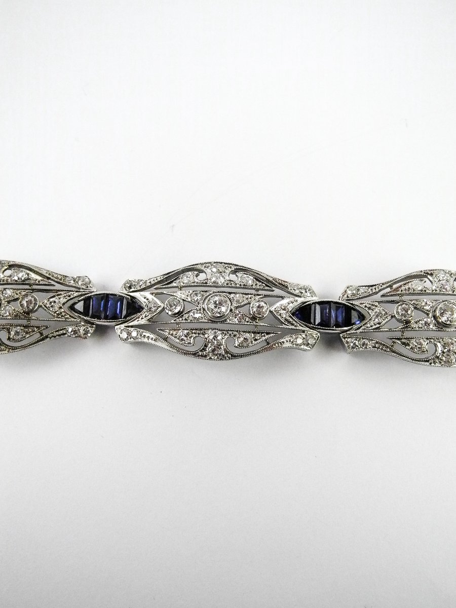 Bracelet art déco Articulé en Or Blanc 18K, Diamants & Saphirs-photo-3