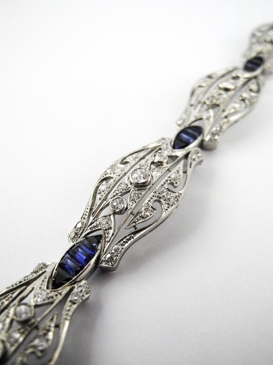 Bracelet art déco Articulé en Or Blanc 18K, Diamants & Saphirs-photo-4
