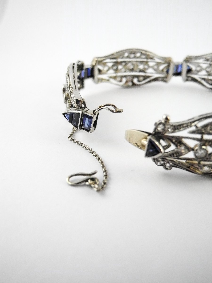 Bracelet art déco Articulé en Or Blanc 18K, Diamants & Saphirs-photo-5