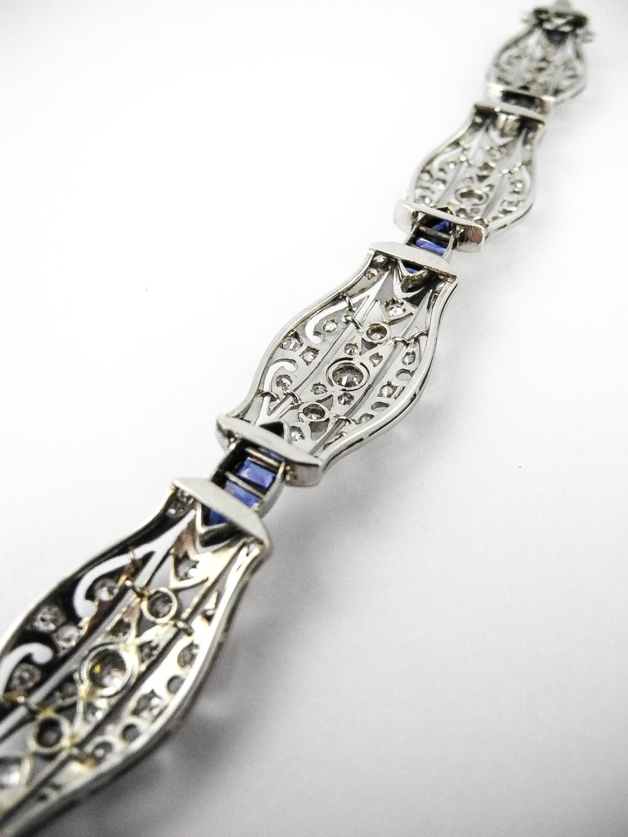 Bracelet art déco Articulé en Or Blanc 18K, Diamants & Saphirs-photo-6