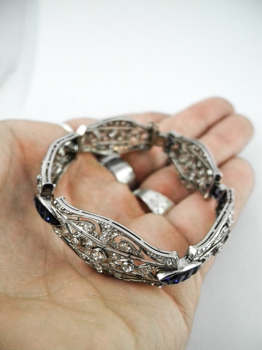 Bracelet art déco Articulé en Or Blanc 18K, Diamants & Saphirs-photo-7