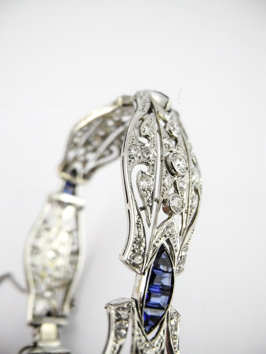 Bracelet art déco Articulé en Or Blanc 18K, Diamants & Saphirs-photo-8