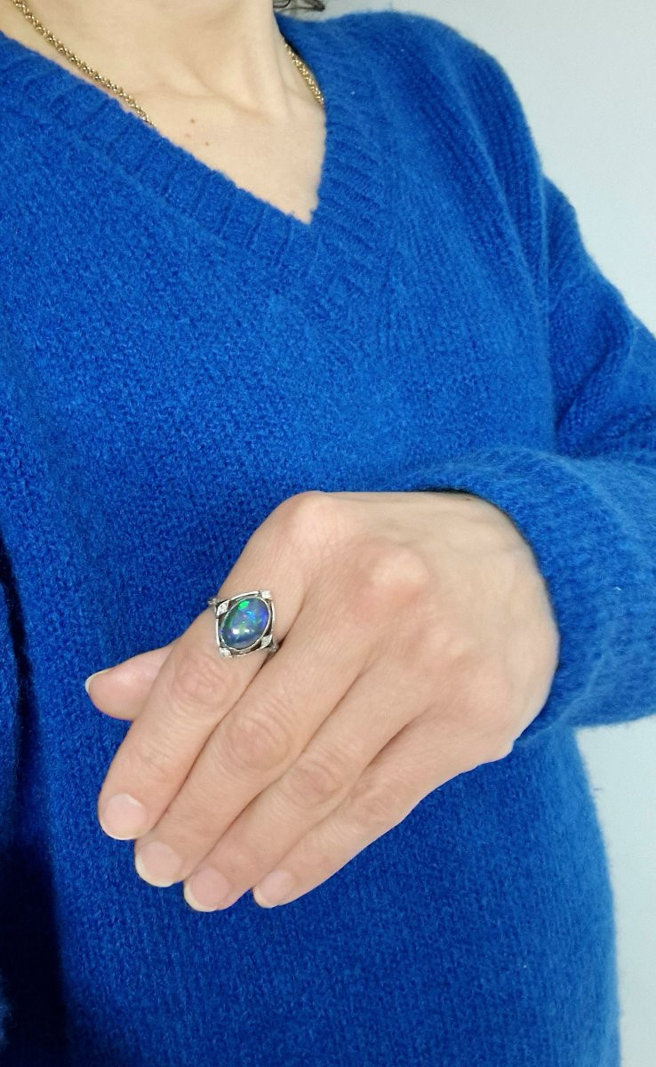 Art Deco Ring, 1920s, Australian Black Opal And Diamonds On Platinum-photo-7