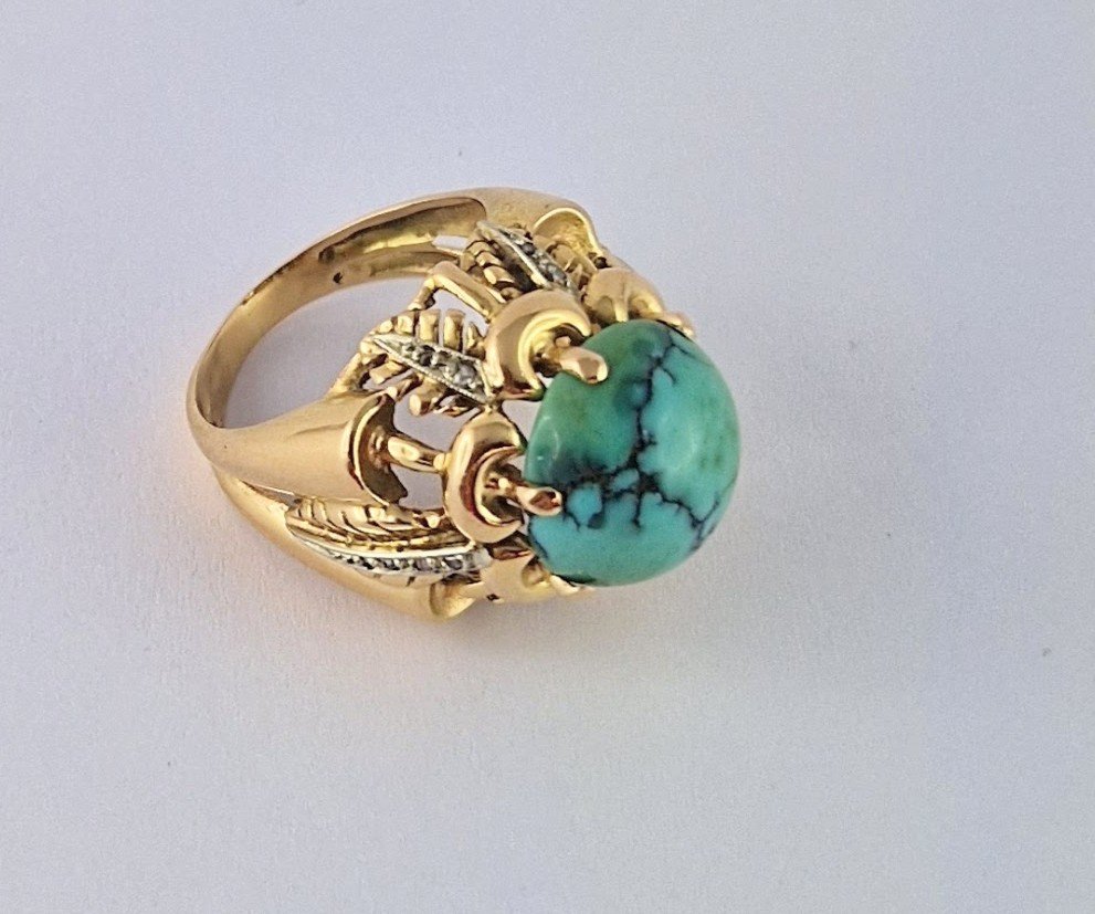 Rose Gold Palm Leaf Ring With Veined Turquoise Cabochon And Diamonds, 1950s-photo-1