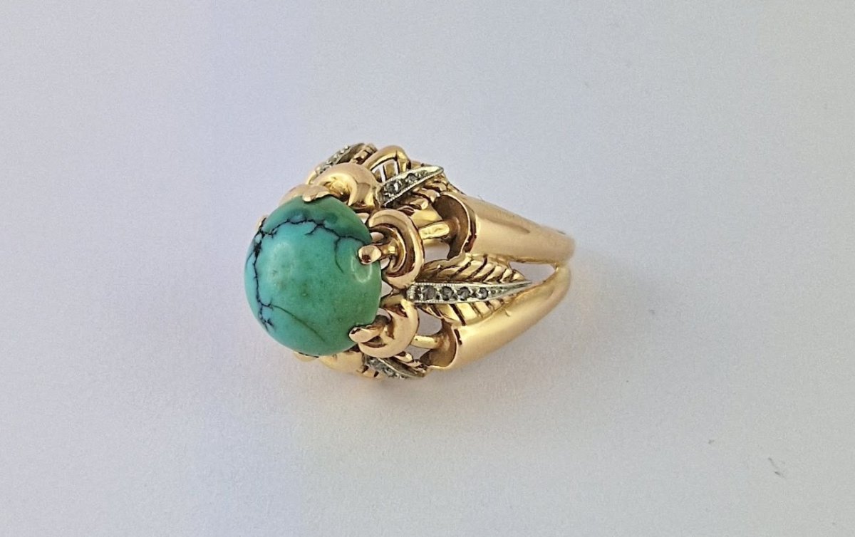 Rose Gold Palm Leaf Ring With Veined Turquoise Cabochon And Diamonds, 1950s-photo-2
