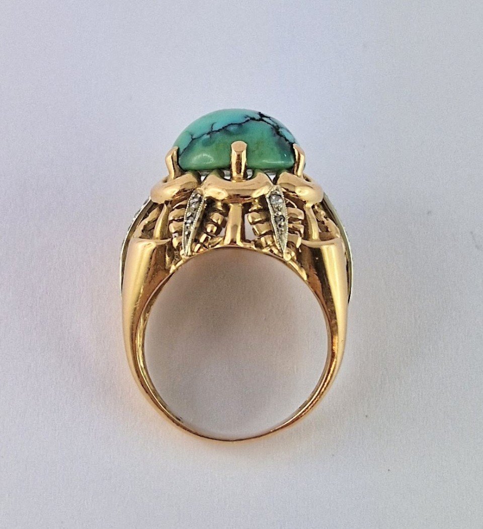 Rose Gold Palm Leaf Ring With Veined Turquoise Cabochon And Diamonds, 1950s-photo-4