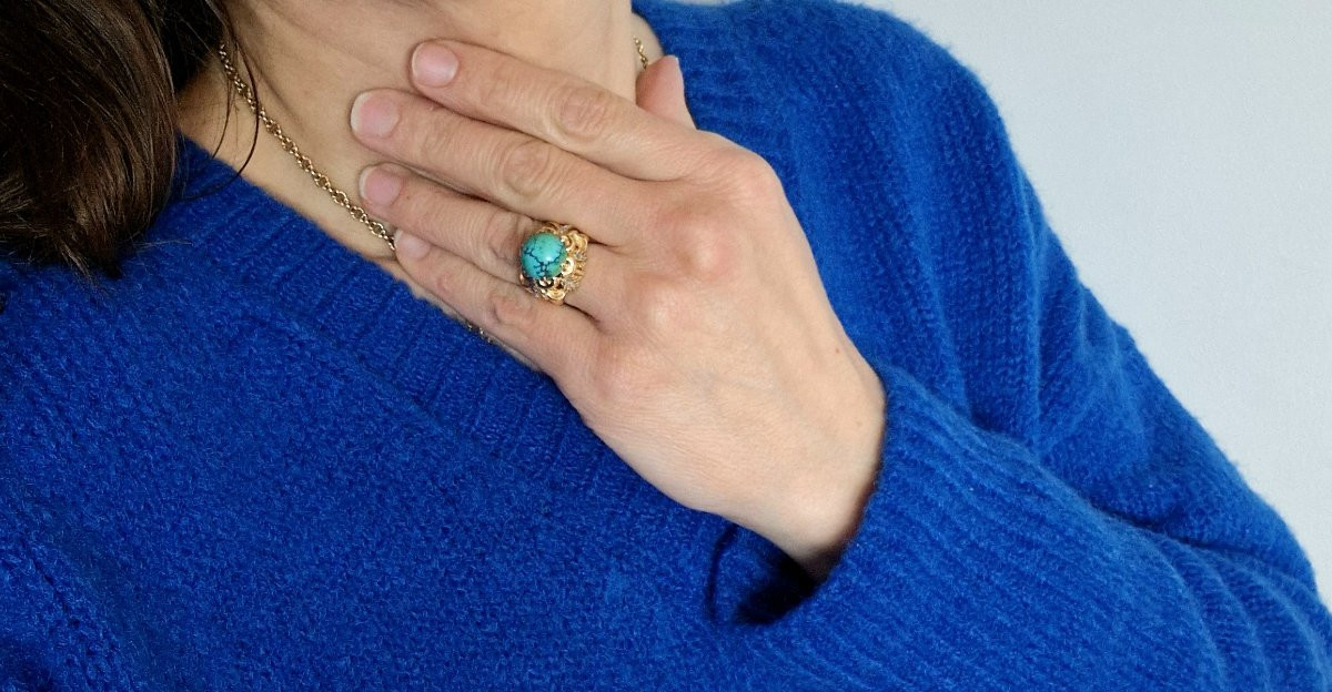 Rose Gold Palm Leaf Ring With Veined Turquoise Cabochon And Diamonds, 1950s-photo-7