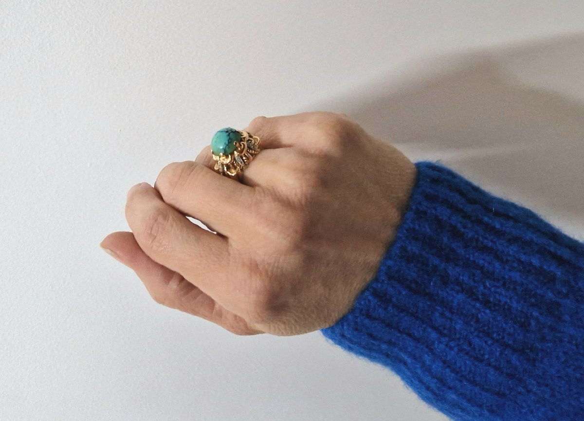 Rose Gold Palm Leaf Ring With Veined Turquoise Cabochon And Diamonds, 1950s-photo-8