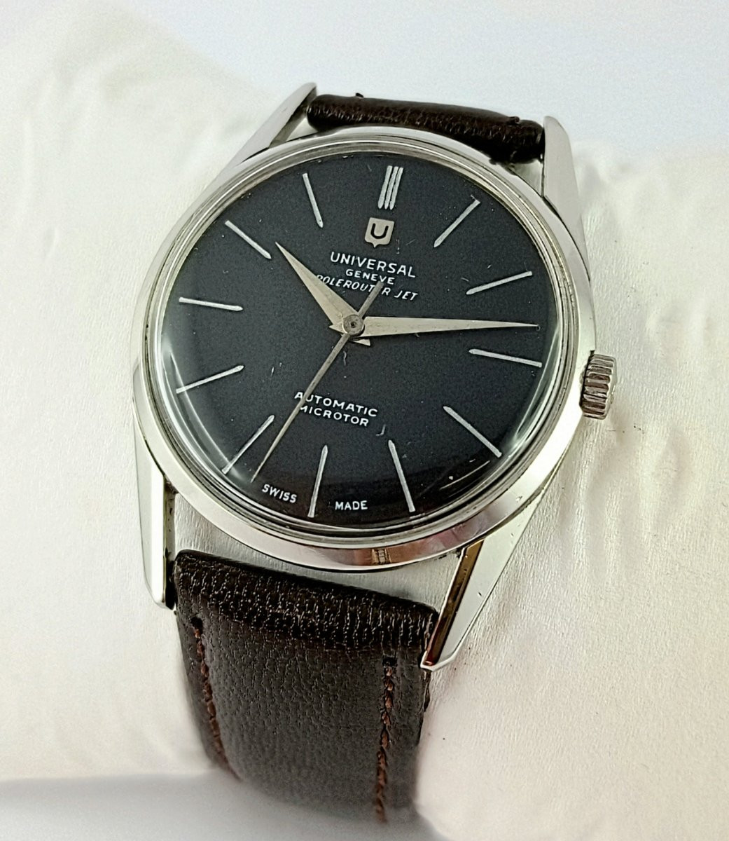 Universal Polerouter Jet Micro Rotor Automatic Watch 1955 Black Dial Steel On Leather-photo-2