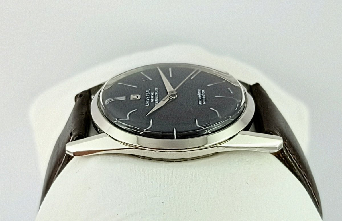Universal Polerouter Jet Micro Rotor Automatic Watch 1955 Black Dial Steel On Leather-photo-2