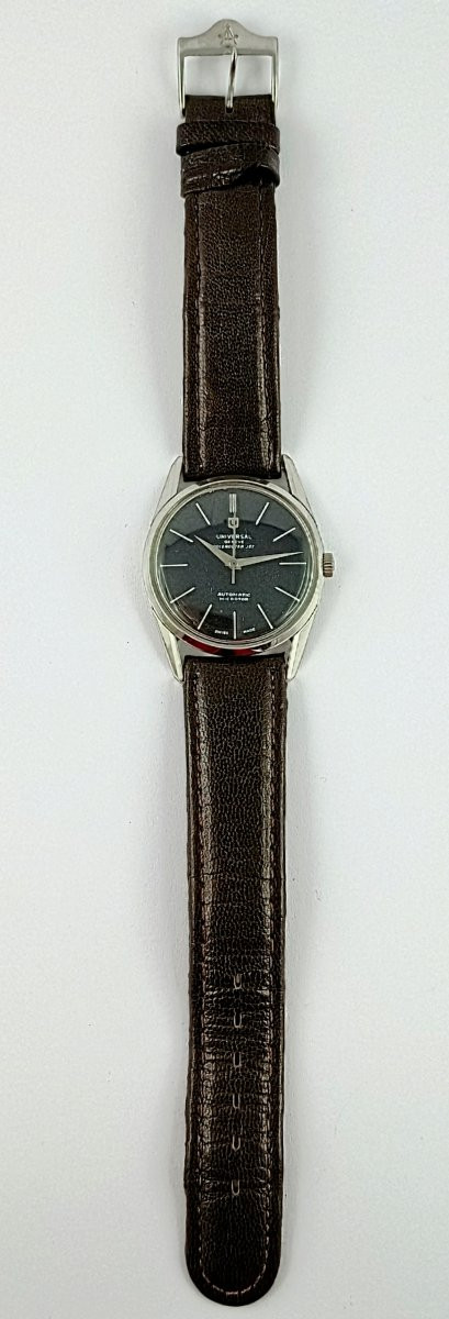 Universal Polerouter Jet Micro Rotor Automatic Watch 1955 Black Dial Steel On Leather-photo-4