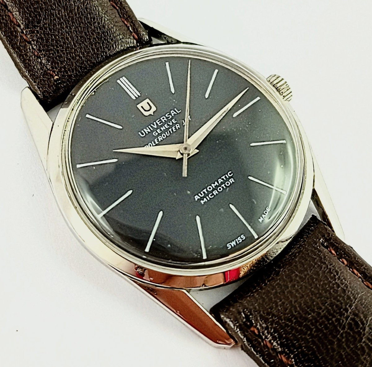 Universal Polerouter Jet Micro Rotor Automatic Watch 1955 Black Dial Steel On Leather-photo-5